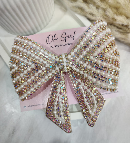 Golden Rhinestone and Pearl Hair Bow Clip