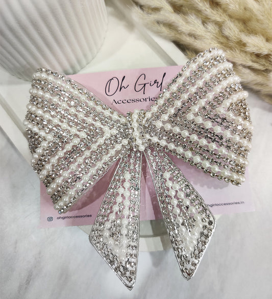 Silver Rhinestone and Pearl Hair Bow Clip