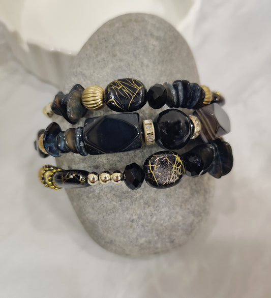 Black Stone and Crystal Wrap Around Bracelet