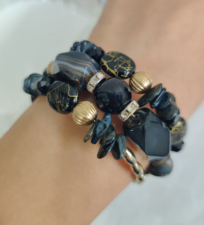 Black Stone and Crystal Wrap Around Bracelet