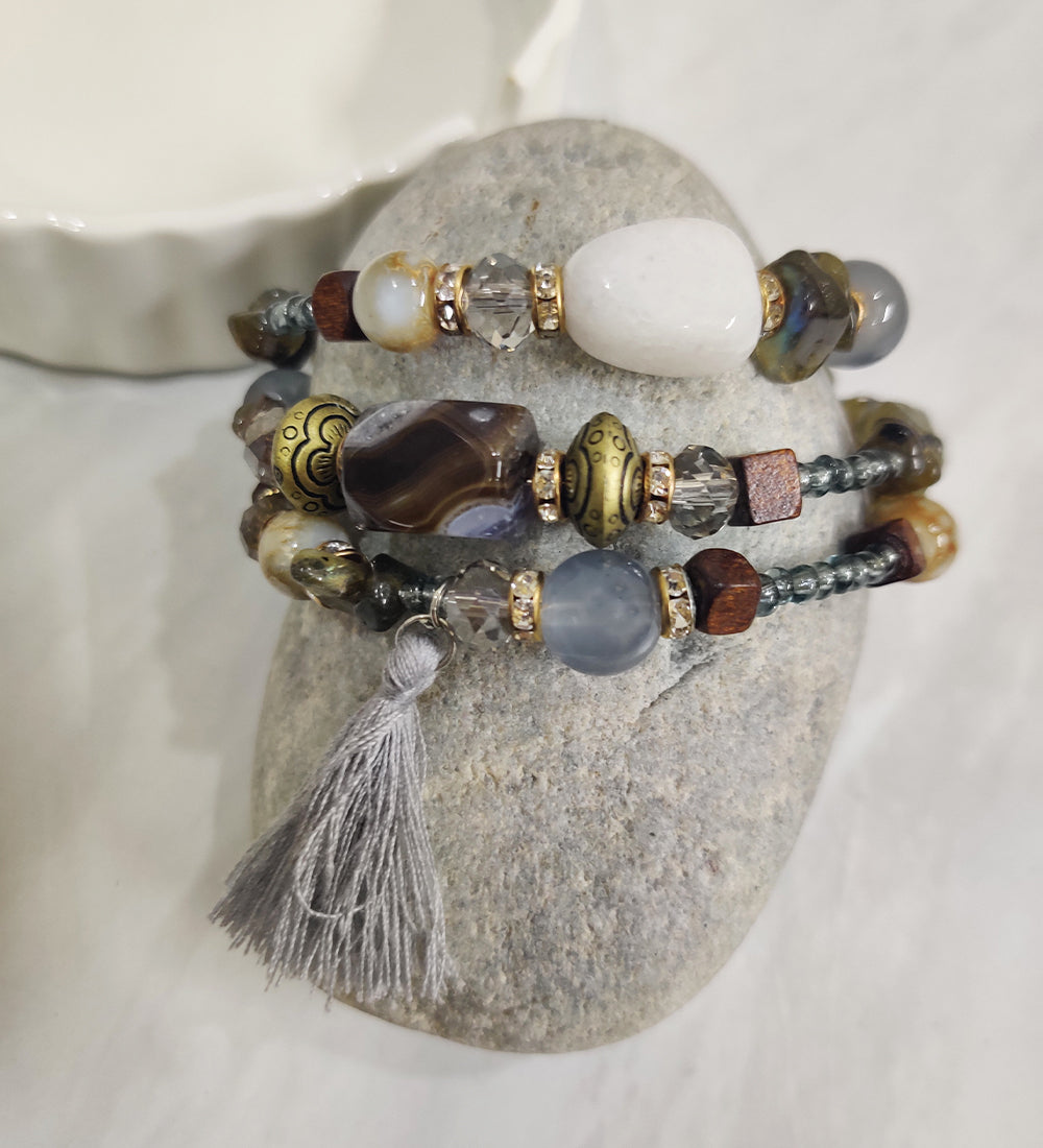 Grey Stone and Crystal Wrap Around Bracelet