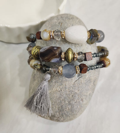 Grey Stone and Crystal Wrap Around Bracelet