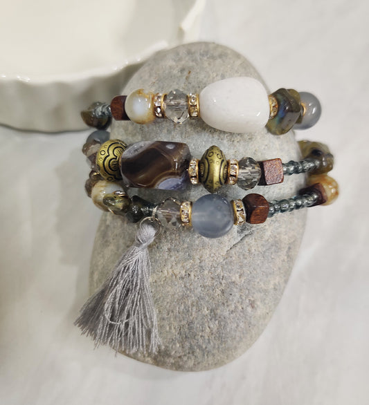 Grey Stone and Crystal Wrap Around Bracelet