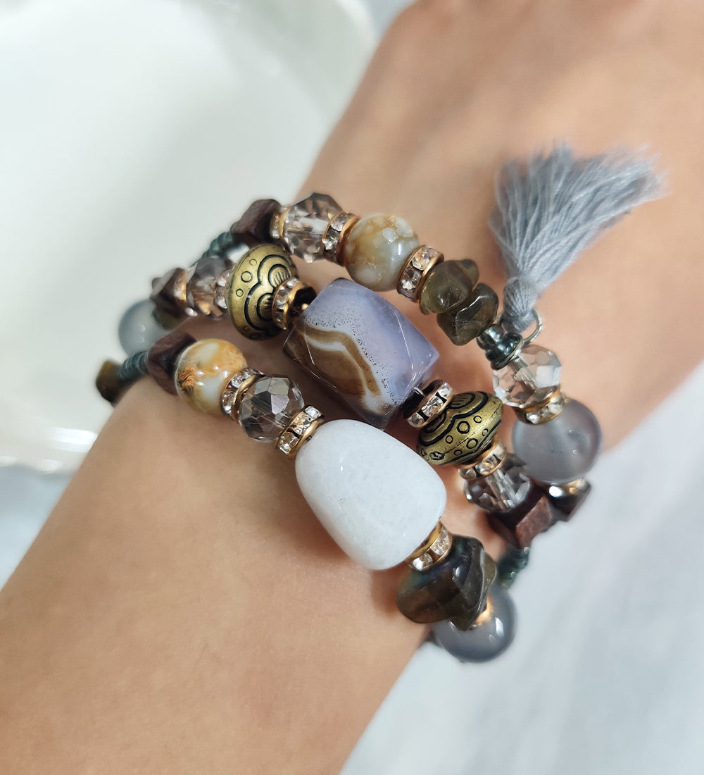 Grey Stone and Crystal Wrap Around Bracelet