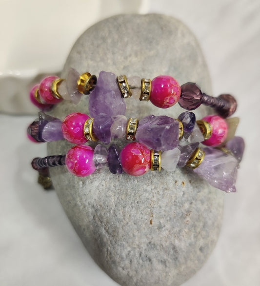 Purple Stone and Crystal Wrap Around Bracelet
