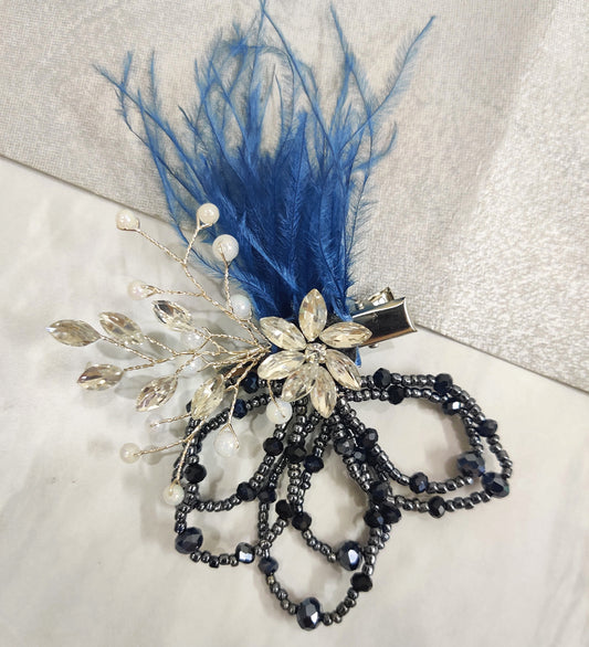 Blue Feather and Crystal Flower Hair Clip
