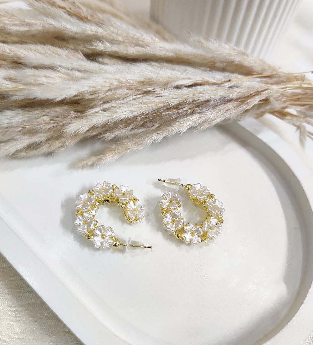 White Floral Hoop Earrings