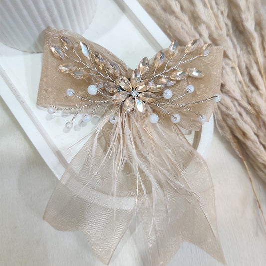 Golden Net and Feather Bow Clip