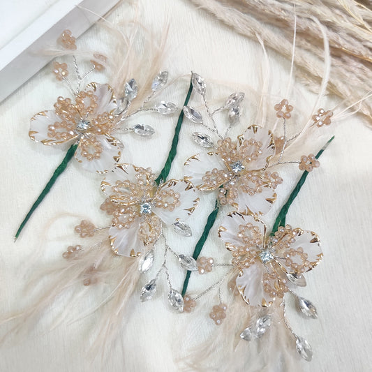 Golden Crystal Bloom Feather Pin - Pack of 4