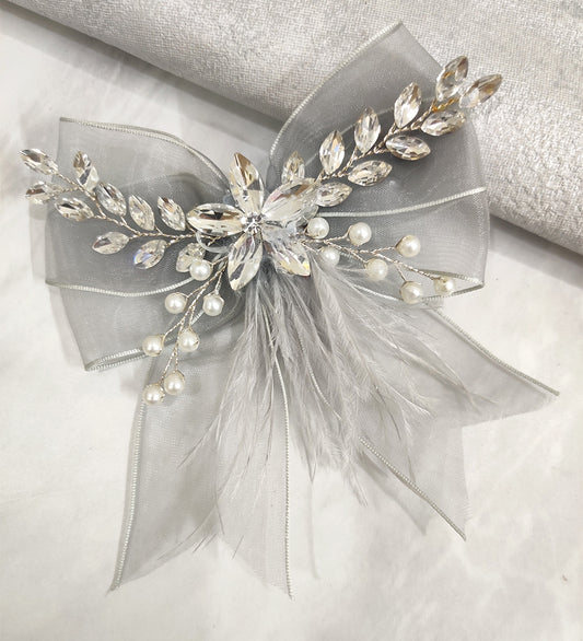 Grey Net and Feather Bow Hair Clip
