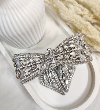 Silver Crystal Embellished Double Layered Bow Hair Clip