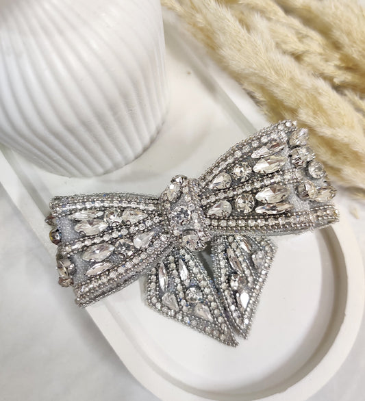 Silver Crystal Embellished Double Layered Bow Hair Clip