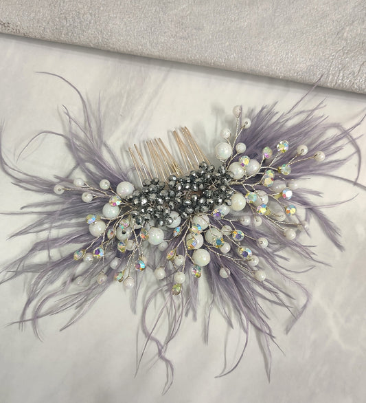 Grey Feather and Crystal Hair Comb