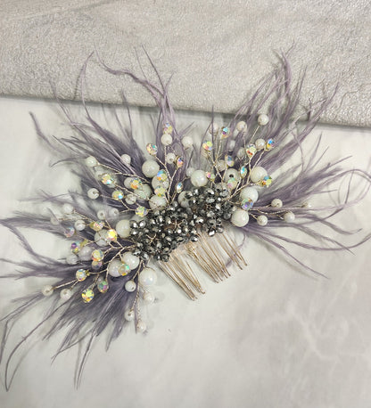 Grey Feather and Crystal Hair Comb
