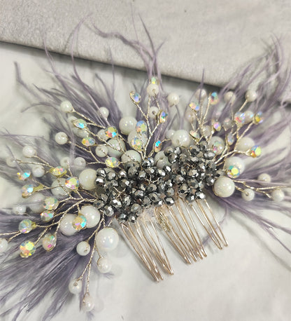 Grey Feather and Crystal Hair Comb
