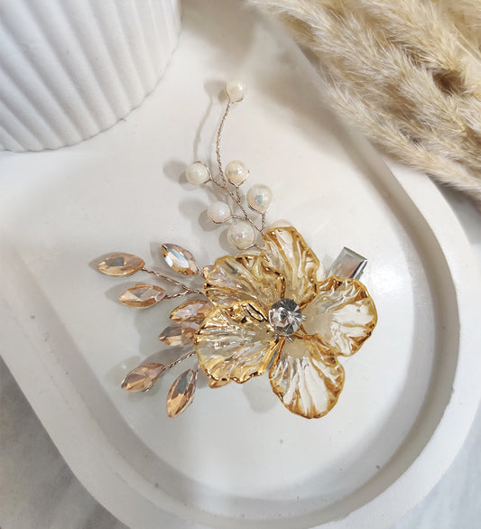Golden Crystal Flower Hair Clip