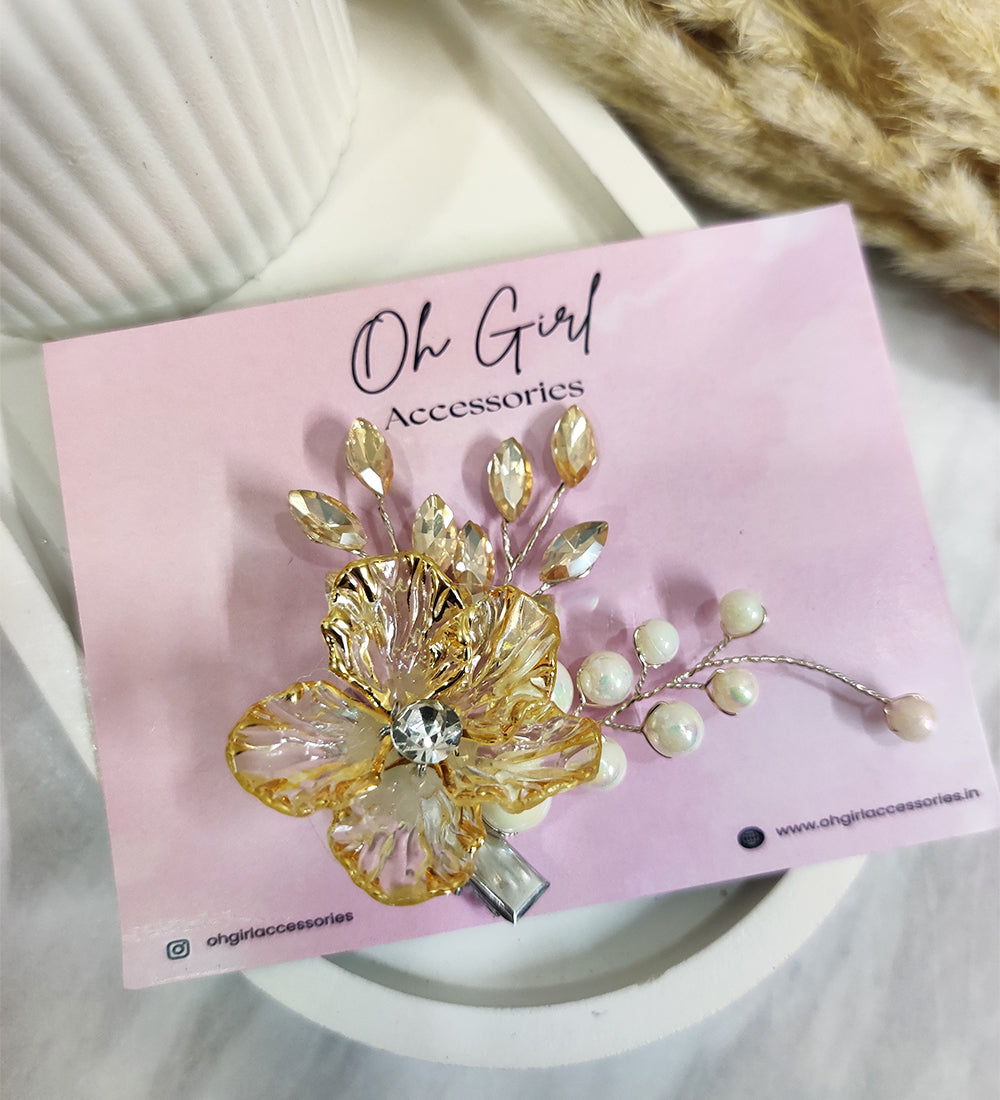Golden Crystal Flower Hair Clip