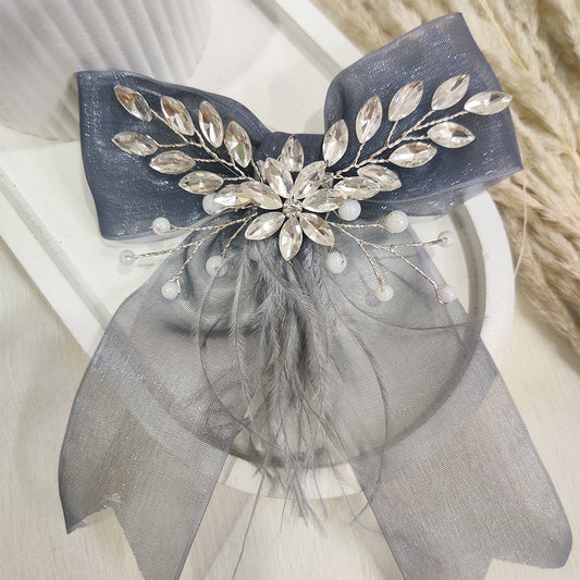 Grey Net and Feather Bow Clip