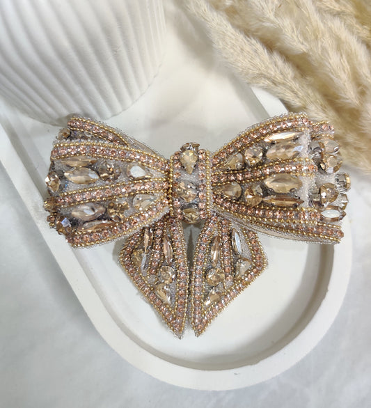 Golden Crystal Embellished Double Layered Bow Hair Clip