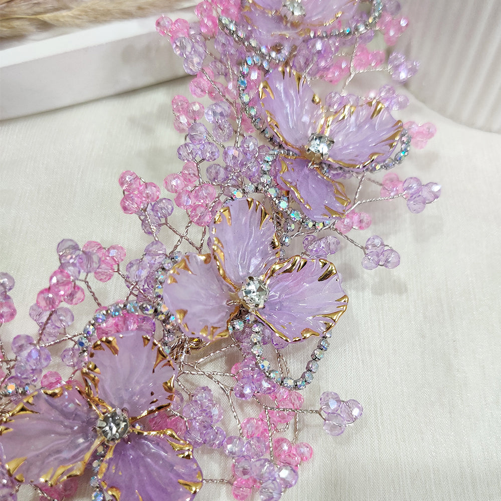 Lilac Bloom Crystal Hair Vine with Rhinestone Glow