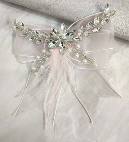 Pink Net and Feather Bow Hair Clip