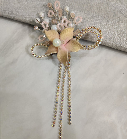 Pink Flower and Rhinestone Tassel Hair Clip