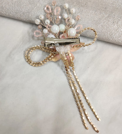 Pink Flower and Rhinestone Tassel Hair Clip