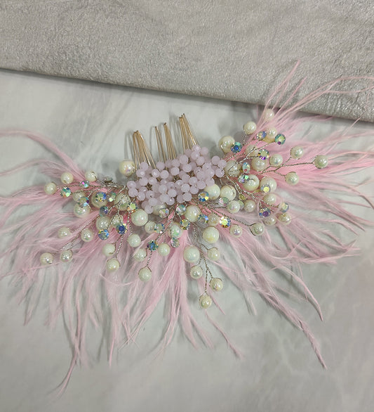 Pink Feather and Crystal Hair Comb
