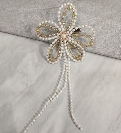 Golden Crystal and White Pearl Flower Hair Clip