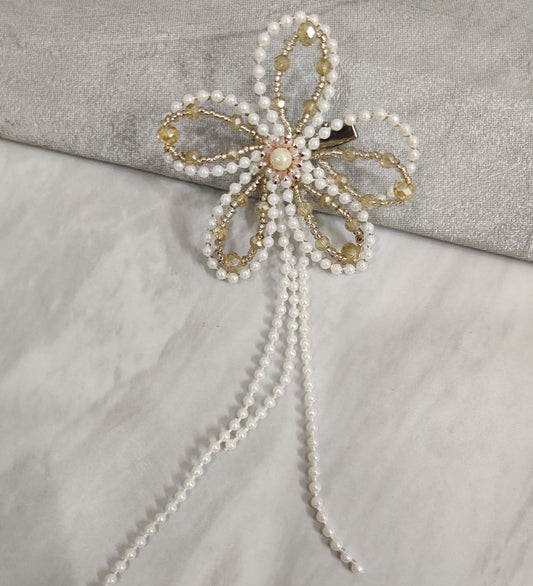 Golden Crystal and White Pearl Flower Hair Clip