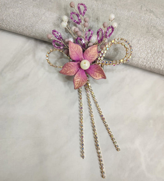 Purple Flower and Rhinestone Tassel Hair Clip