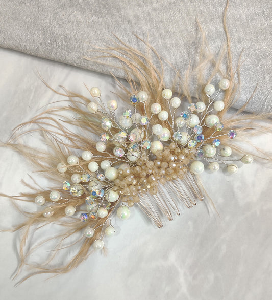Gold Feather and Crystal Hair Comb