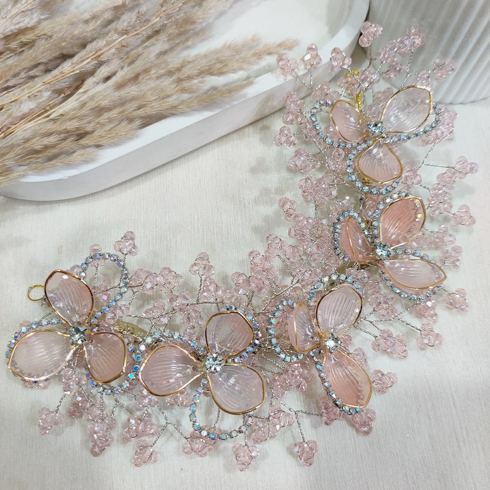 Soft Blush Pink Flower Hair Vine with Rhinestone Glow