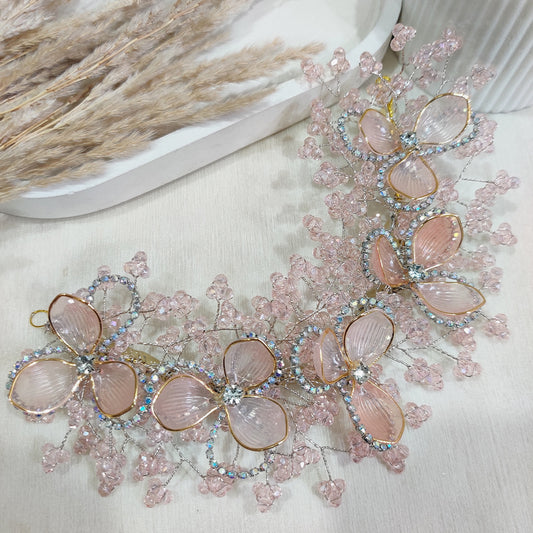 Soft Blush Pink Flower Hair Vine with Rhinestone Glow