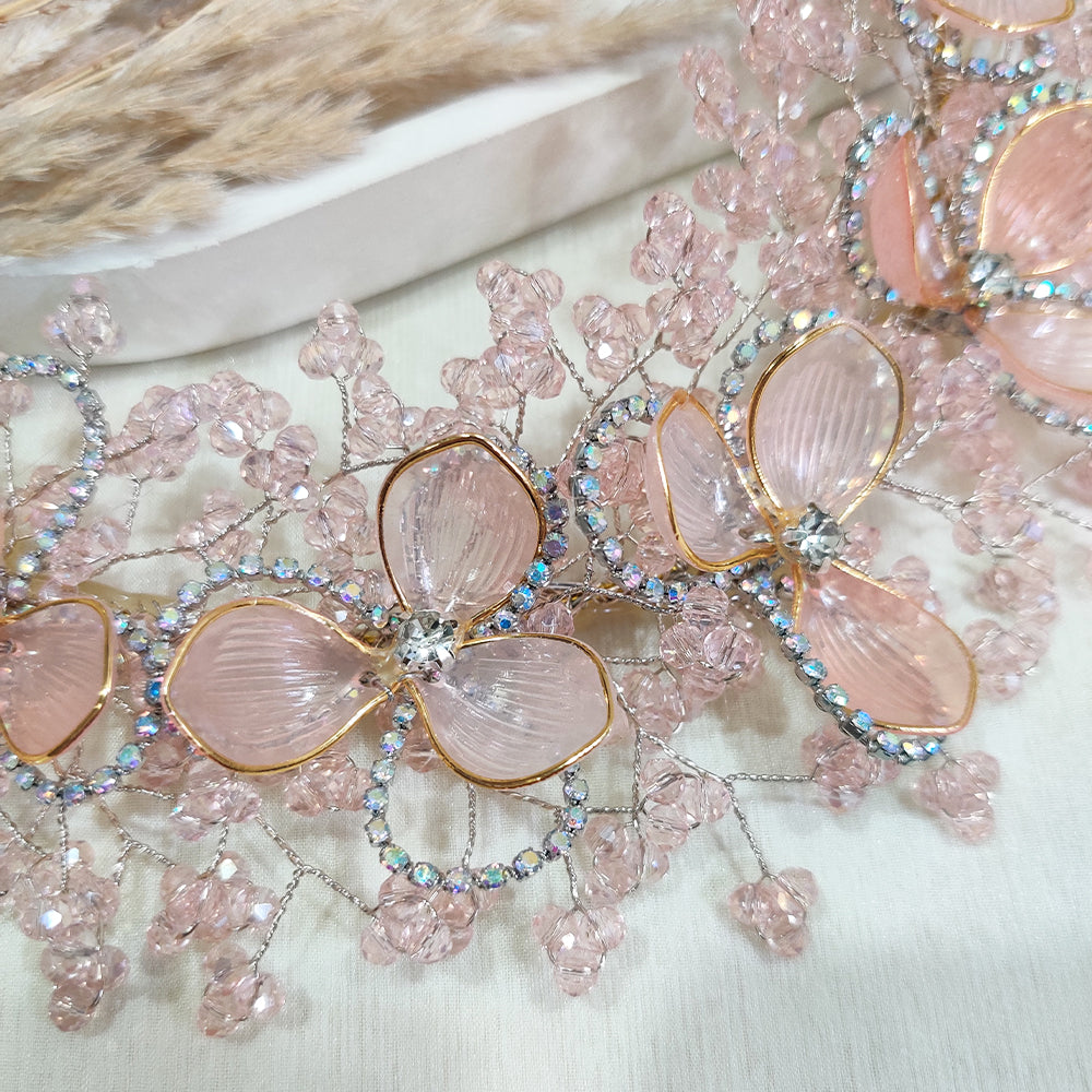 Soft Blush Pink Flower Hair Vine with Rhinestone Glow