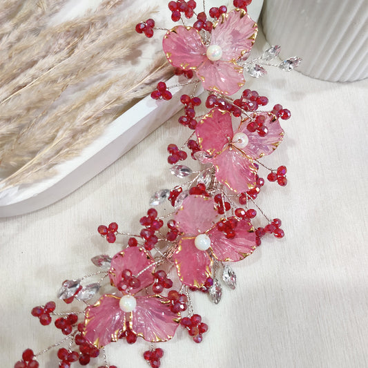 Red Berry Bloom Pearls Hair Vine