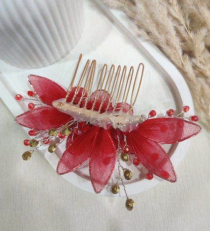 Red Floral Elegance Hair Comb