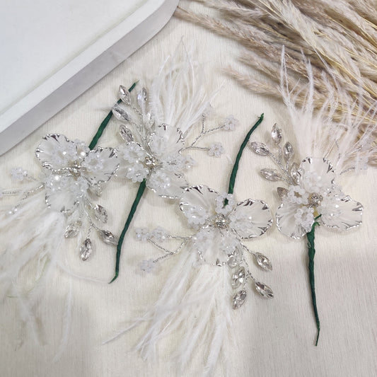 White Crystal Bloom Feather Pin - Pack of 4