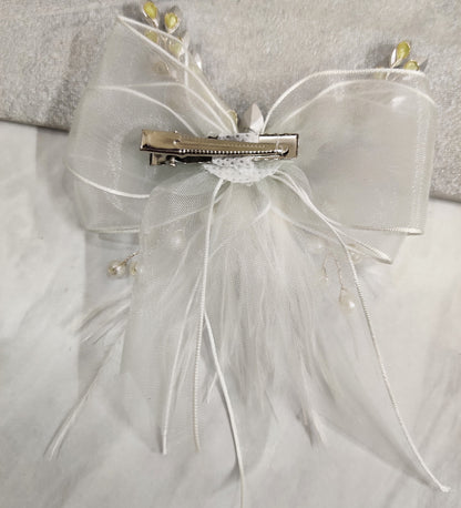 White Net and Feather Bow Hair Clip