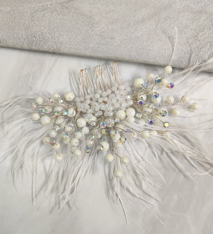 White Feather and Crystal Hair Comb