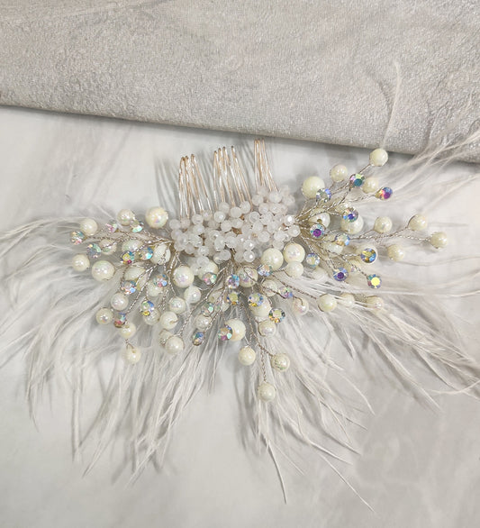 White Feather and Crystal Hair Comb