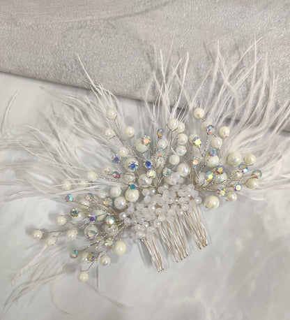 White Feather and Crystal Hair Comb