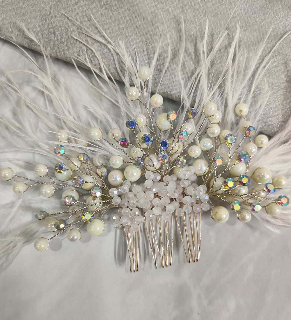 White Feather and Crystal Hair Comb