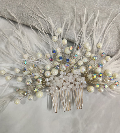 White Feather and Crystal Hair Comb
