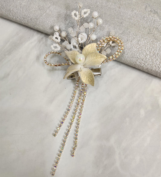 Yellow Flower and Rhinestone Tassel Hair Clip
