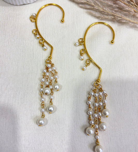 Modern Gold Ear Cuff Style Pearl Chain Earrings