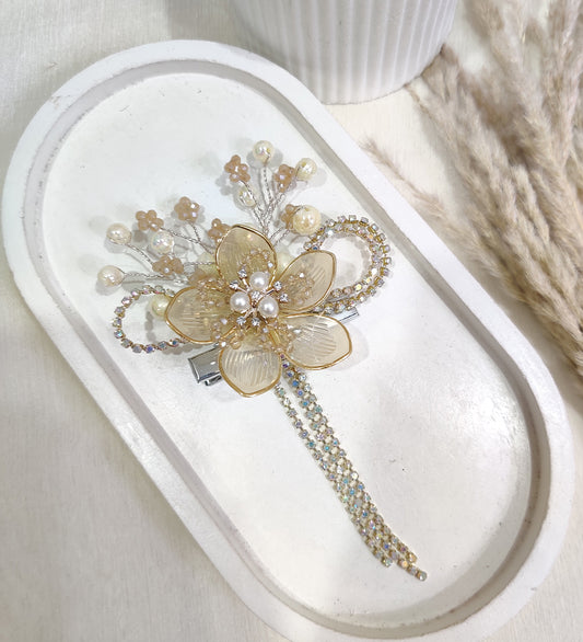 Golden Pearl Floral Hair Clip with Rhinestone Chains