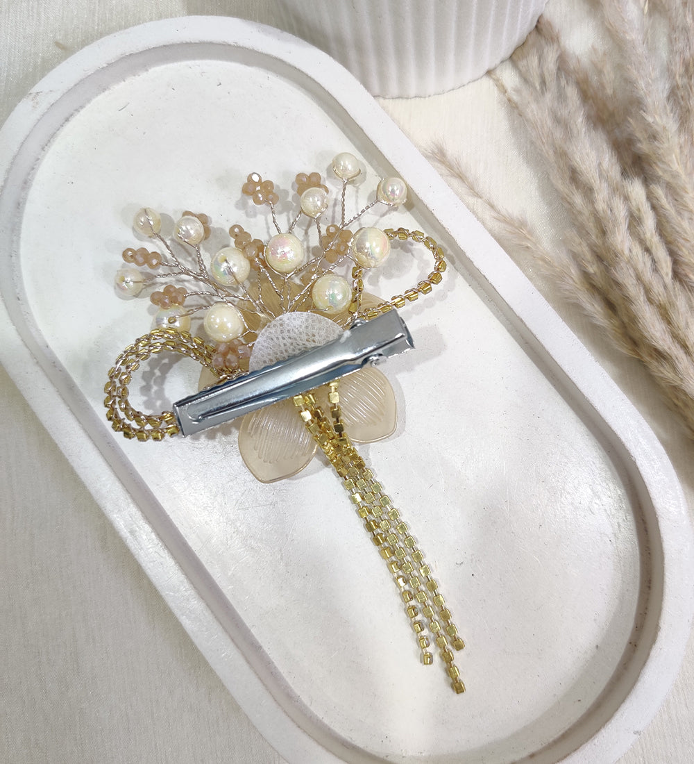 Golden Pearl Floral Hair Clip with Rhinestone Chains