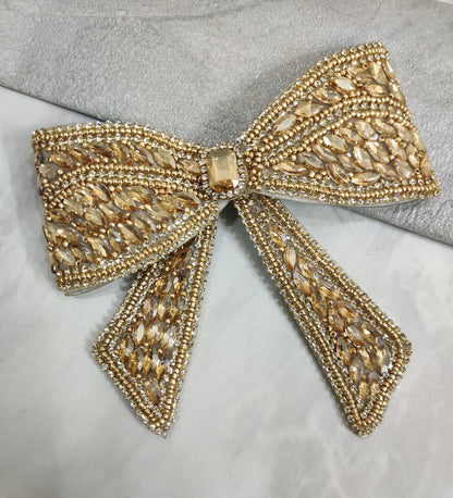 Embellished Crystal Big Hair Bow Clip - Golden