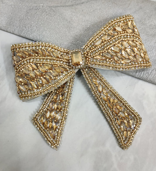 Embellished Crystal Big Hair Bow Clip - Golden